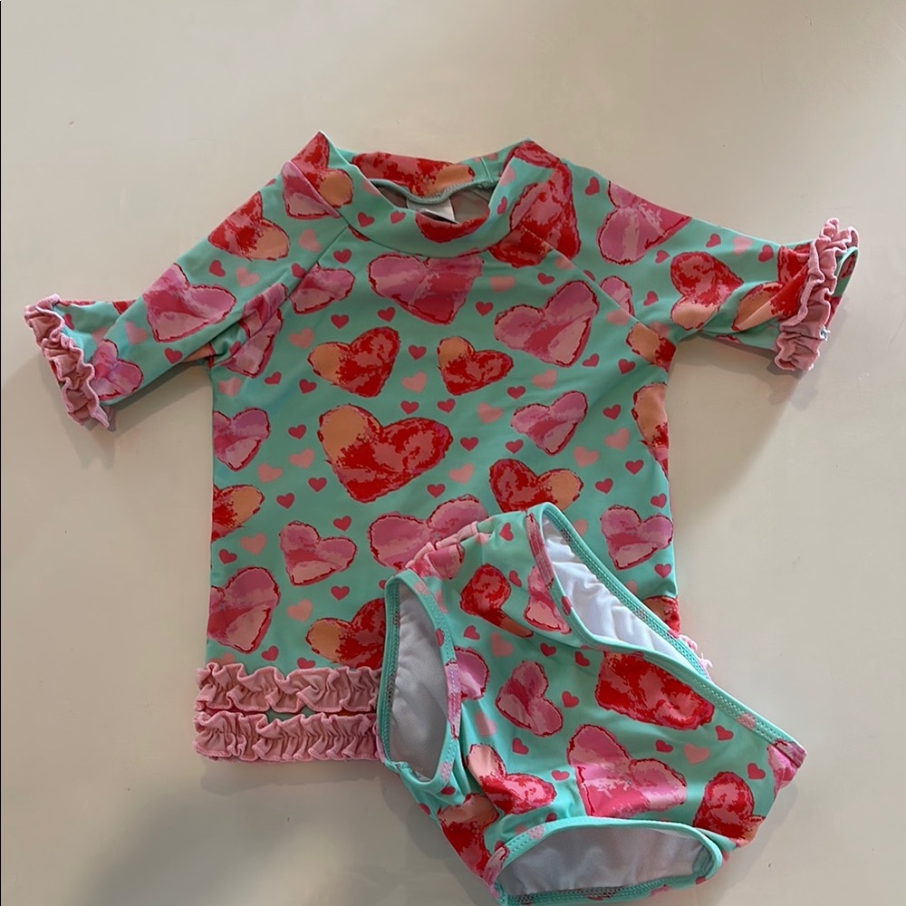 Ruffle Butts Pink and Red Heart Rashguard Set